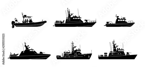 Tablou pe pânză Naval Patrol Boats, Coast Guard Vessels, Military Ships Vector Silhouettes Colle