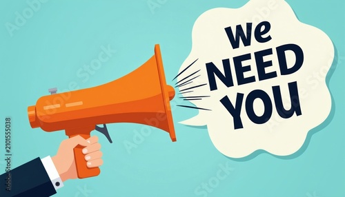 Hand holds orange megaphone announcing need message in speech bubble. Business recruitment illustration conveys urgent hiring, job search. Pro human resources manager seeks staff members via loud