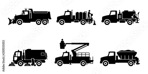 Schilderij op canvas Specialized Truck Icons Set: Snow Plow, Street Sweeper, Cherry Picker, Salt Spre