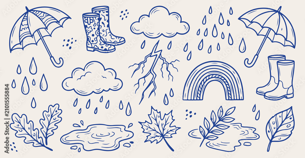 Obraz premium blue autumn storm seamless pattern, lightning rain cloud background, autumn leaves weather texture, rain boots puddle vector, blue stormy autumn wallpaper, autumn weather sketch pattern, autumn rain b