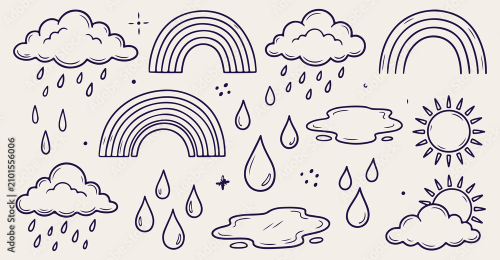Fototapeta premium boho rainbow seamless pattern, rain drop cloud background, hand drawn rainbow texture, sky weather line art vector, cute rainbow cloud wallpaper, doodle rainbow sketch pattern, nursery sky background,