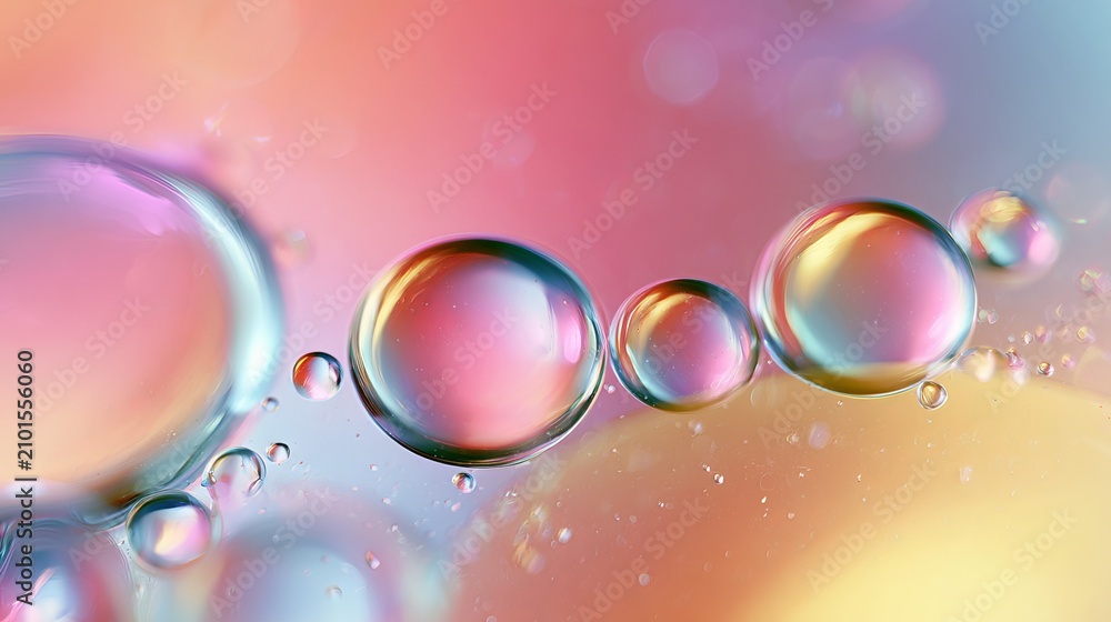 Obraz premium Abstract macro photograph showcasing vibrant oil droplets reflecting rainbow colors, a mesmerizing display of liquid physics and beauty