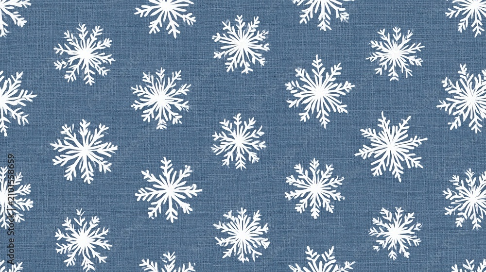 Fototapeta premium Delicate white snowflake pattern on a textured blue denim background, perfect for winter holidays and cozy seasonal designs