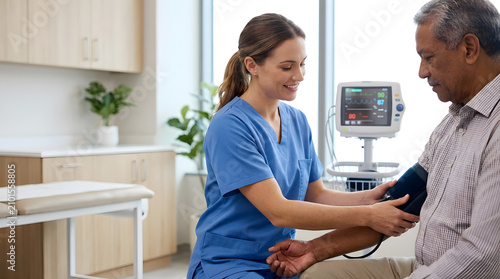 Nurse checking blood pressure of senior patient. Medical professional monitoring heart health.