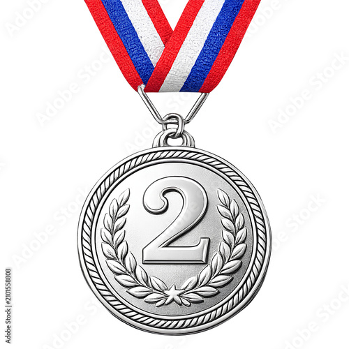 Silver second place medal with number two ribbon isolated on transparent background.