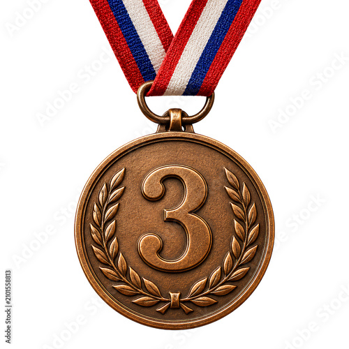Bronze third place medal with number three ribbon isolated on transparent background.