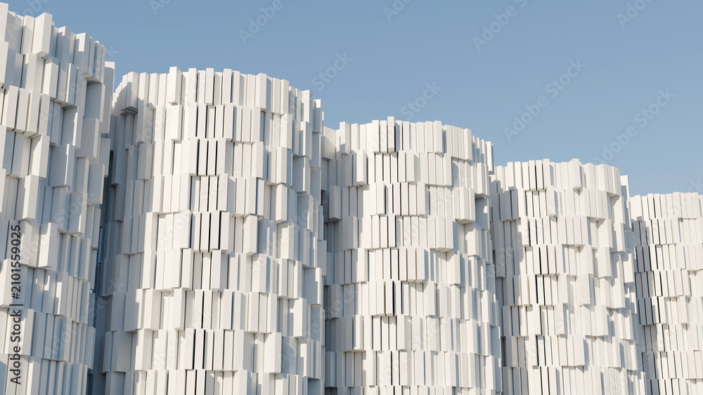 Obraz premium 3D white parametric cylinder structures under a blue sky. Perfect for modern architecture websites, real estate banners, and corporate presentation backdrops