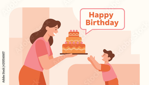 Mother surprising her son with a delicious multi-tiered birthday cake, with a speech bubble saying Happy Birthday.
