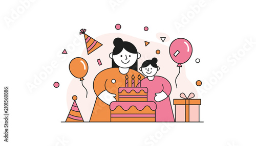 Mother and daughter celebrating a birthday party with a pink frosted cake with three candles, colorful balloons, and gift boxes.
