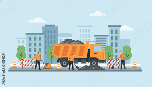Construction crew operating a large dump truck on a road repair site with safety barriers in a developing city environment.