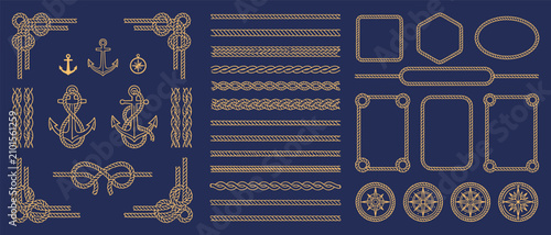 Foto Nautical Rope Frame Set with Anchor, Compass and Sailor Knots, Vector Marine Bor