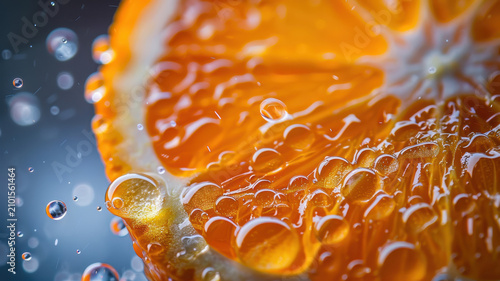 Fresh orange slice under refreshing splashing water drops, highlighting invigorating juiciness and natural vitality, ideal for promoting health, wellness, and hydration concepts