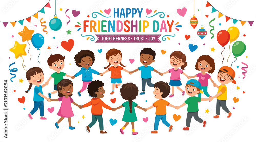 Fototapeta premium Diverse group of children holding hands in a circle celebrating friendship.