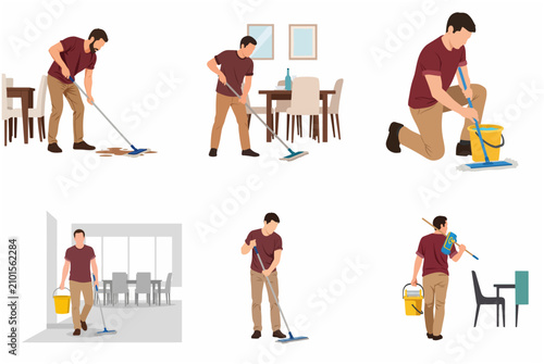 Flat illustration set of a man cleaning the floor with a mop and bucket in a modern home interior