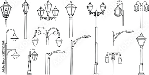 Vintage street lamp collection sketch hand drawn city lighting fixtures silhouette