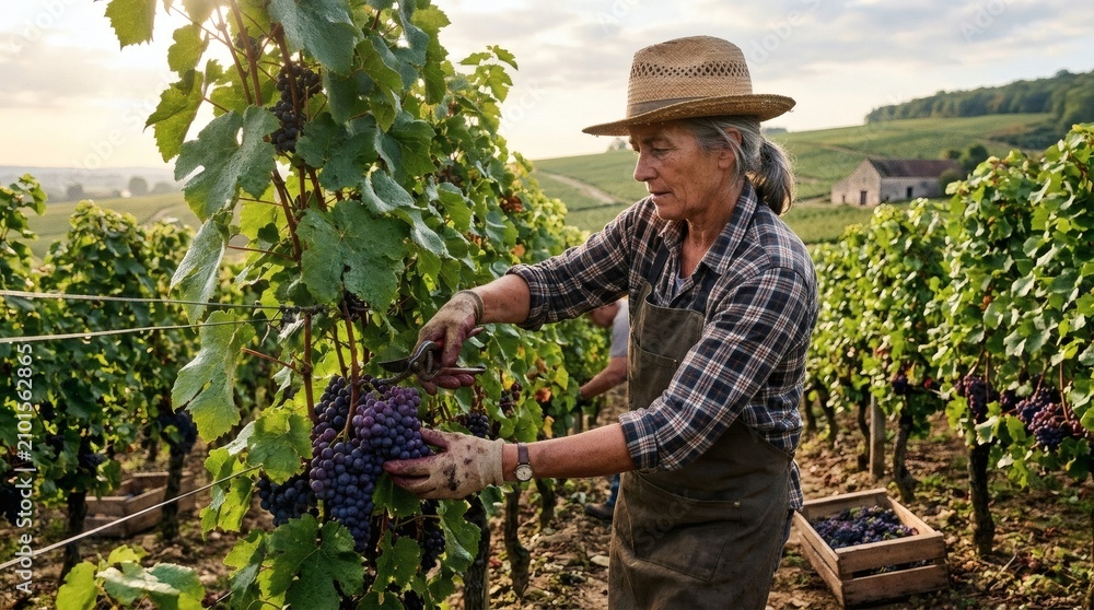 Obraz premium Farmer harvesting grapes in a vineyard at sunset