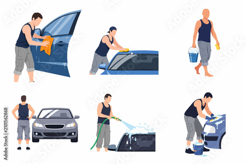 Collection of flat illustrations showing a man washing and detailing a car, automotive maintenance and cleaning service icons