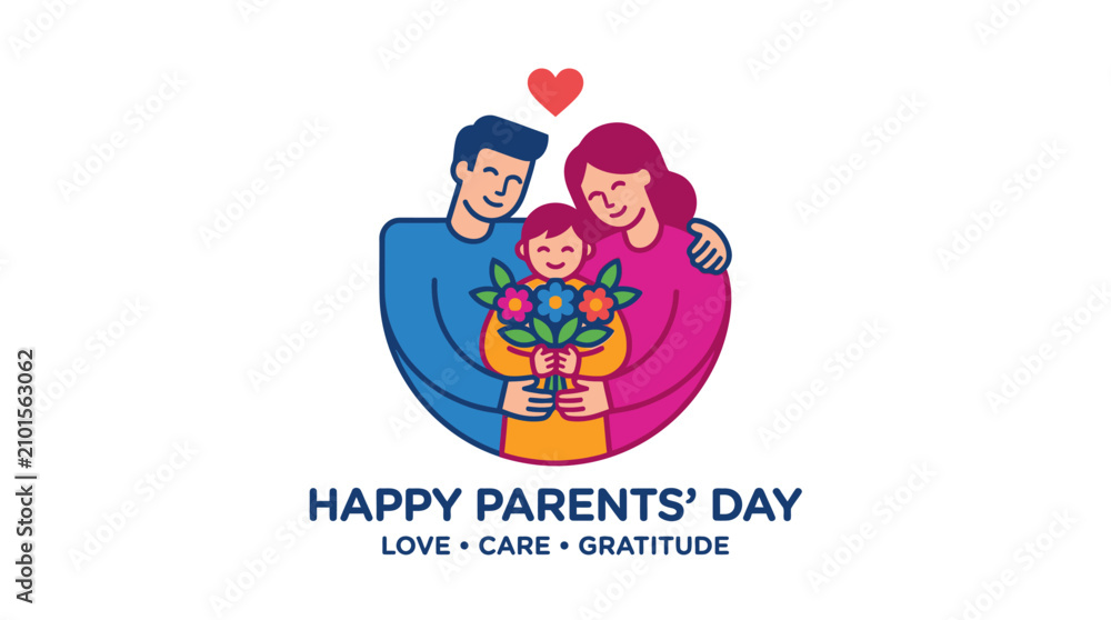 Fototapeta premium Happy Parents Day illustration with a loving family embracing and a child holding flowers.