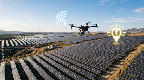 Drone monitors large solar farm for energy production and maintenance