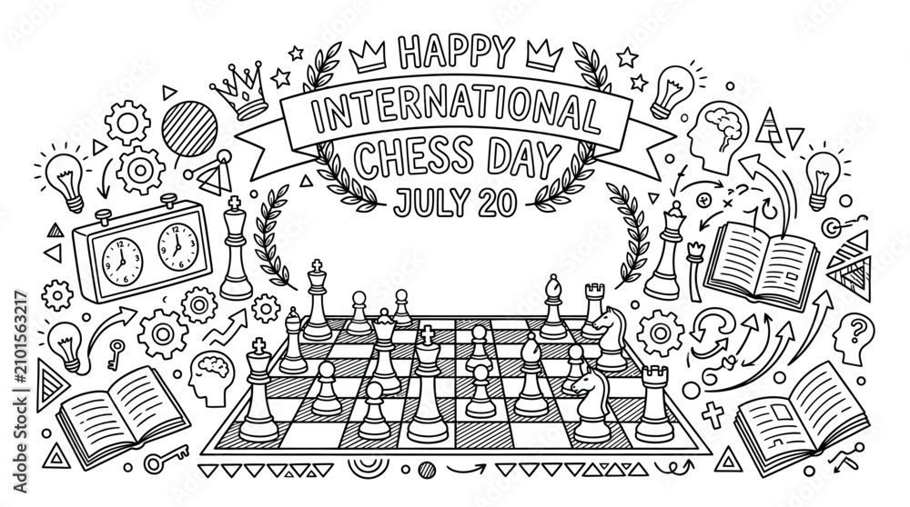 Fototapeta premium International Chess Day Celebration with Chessboard and Pieces.