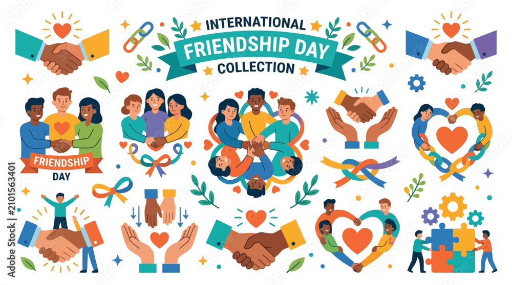 Fototapeta premium International Friendship Day collection with diverse groups of friends and symbolic gestures of unity and support.