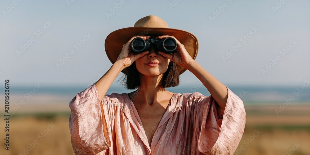 Obraz premium Woman with binoculars at the beach looking out to sea for coastal exploration and seaside observation background for travel banner and adventure design