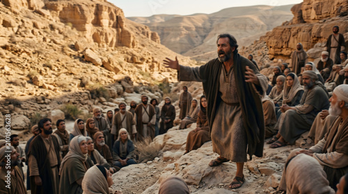 A man preaching with impassioned gestures to a crowd in ancient biblical times, delivering an apostolic message in the Judean desert. Cinematic 1-1