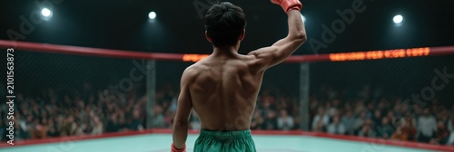 Young male fighter raising glove in panoramic mma octagon arena background for sports banner and wallpaper design