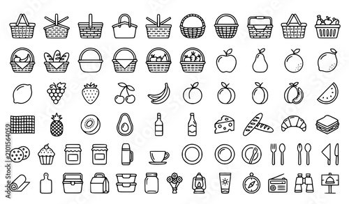 Fotografie Picnic Baskets and Outdoor Recreation Icon Set with Fresh Fruits Food Bakery Che