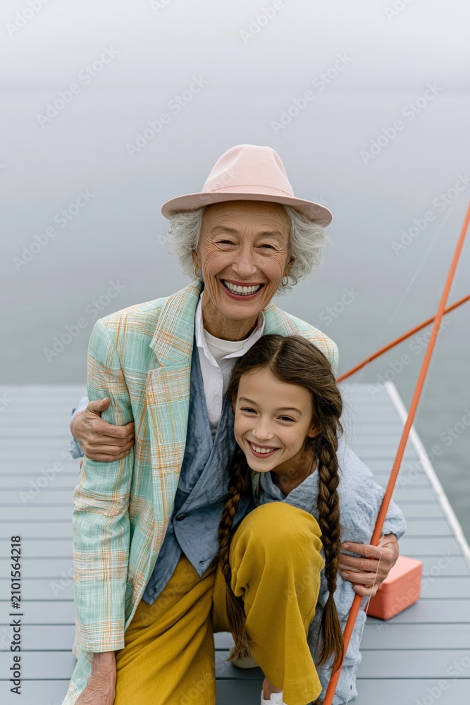 Fototapeta premium Elderly grandmother and granddaughter smiling together on a dock with a fishing rod for family portrait and lifestyle banner
