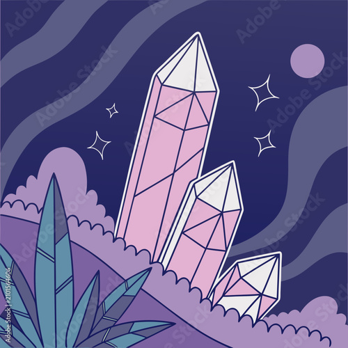 Εκτύπωση καμβά Illustration of large pink crystals on a purple background with stars and smalle
