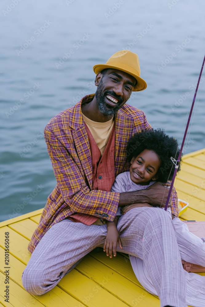 Fototapeta premium Father and daughter sitting on yellow dock by the water smiling for family lifestyle background and banner design