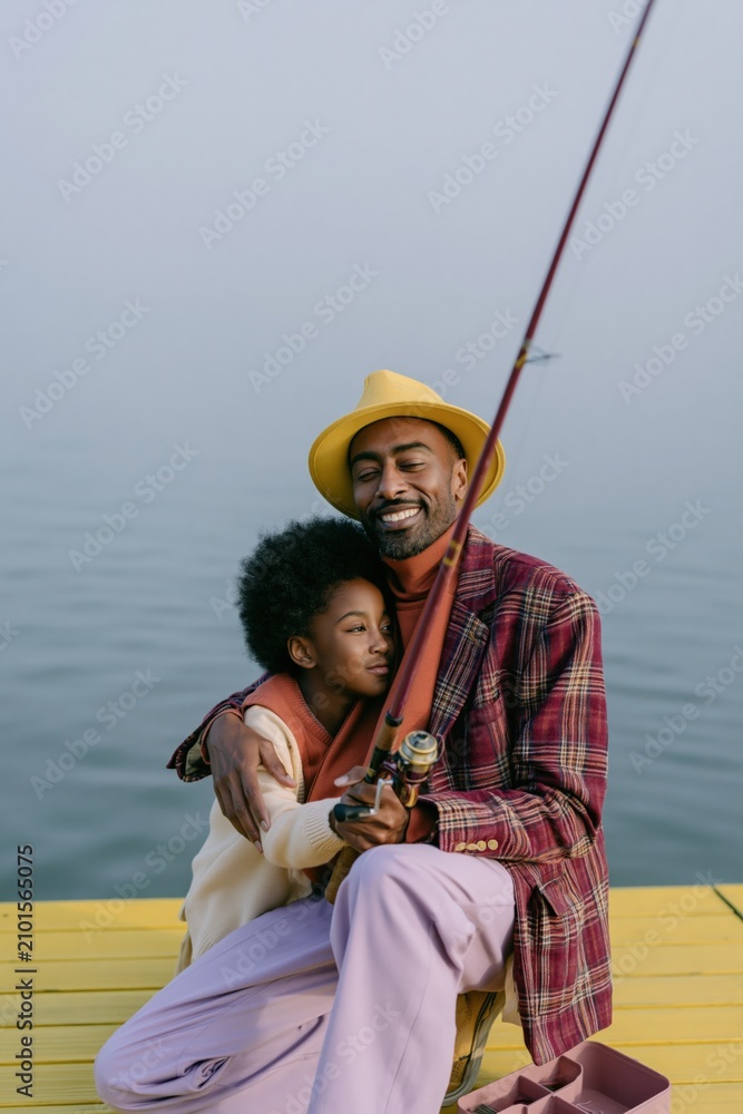 Fototapeta premium Father and child fishing on yellow dock by the lake with fishing rod for family outdoor background and banner design