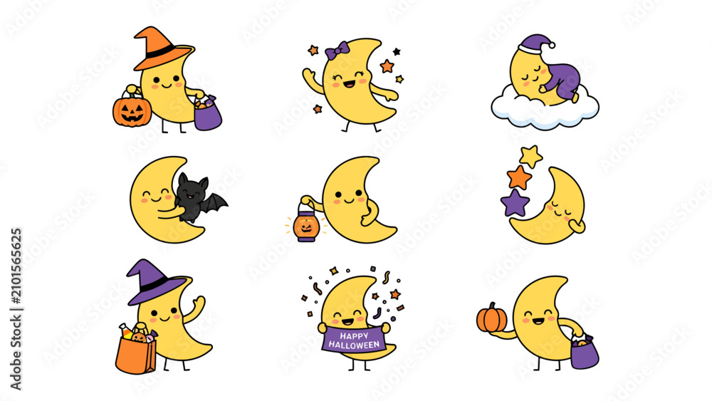 Obraz premium Halloween Moon Collection: A delightful collection of charming crescent moon characters celebrating Halloween with costumes, trick-or-treating, and festive accessories.