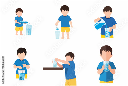 Step-by-step vector illustration of a little boy preparing a cold glass of water with ice cubes, showing the process of pouring, stirring, and drinking.