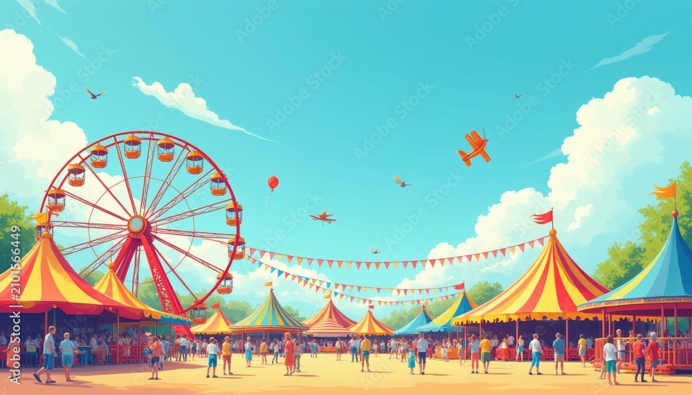 Obraz premium Colorful carnival amusement park with ferris wheel, tents under bright sunny sky. Families enjoy outdoor summer fairground entertainment. People walk around festive holiday event with red balloons,