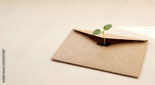 Kraft envelope with a green seedling growing out good news concept