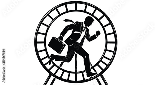 Cuadro en lienzo Man running in hamster wheel silhouette against a white background
