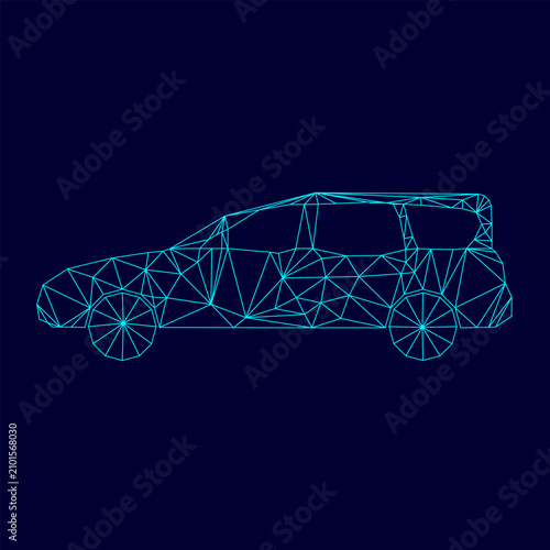 Family car low poly triangulation triangulated polygonal electric cyan blue vibrant aqua neon color outline contour line