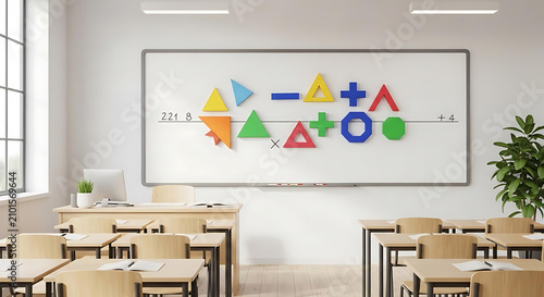 Modern classroom with whiteboard and colorful geometric shapes for education and learning