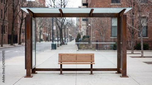 Modern Urban Bus Shelter Featuring a Wooden Bench on a Quiet City Sidewalk During an Overcast Day in a Residential Neighborhood