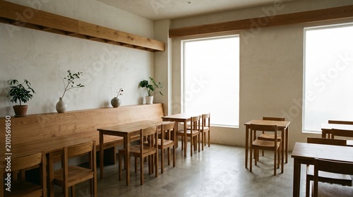 Minimalist Interior Design of a Modern Cafe with Light Wood Furniture and Bright Natural Lighting