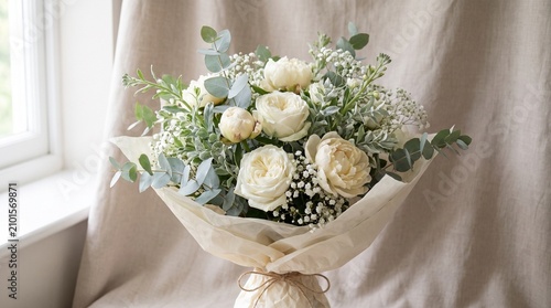 Elegant white rose bouquet with eucalyptus and baby's breath wrapped in beige paper for wedding or anniversary celebration