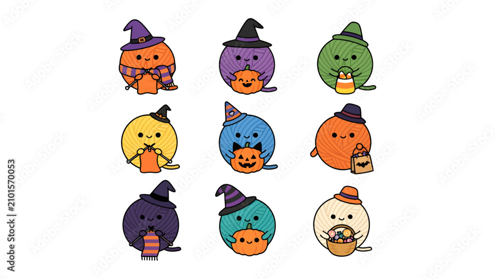 Naklejka premium Adorable Halloween Character Collection: A charming assortment of nine cute, round Halloween characters dressed in festive costumes and holding holiday-themed props, ready to delight and spook.