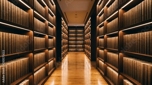Symmetrical corridor of a modern luxury library lined with illuminated wooden bookshelves filled with books