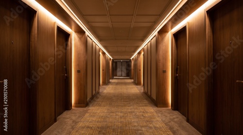 Luxurious Hotel Corridor Featuring Warm Ambient LED Lighting and Rich Wood Paneled Walls in a Modern Architectural Interior Design
