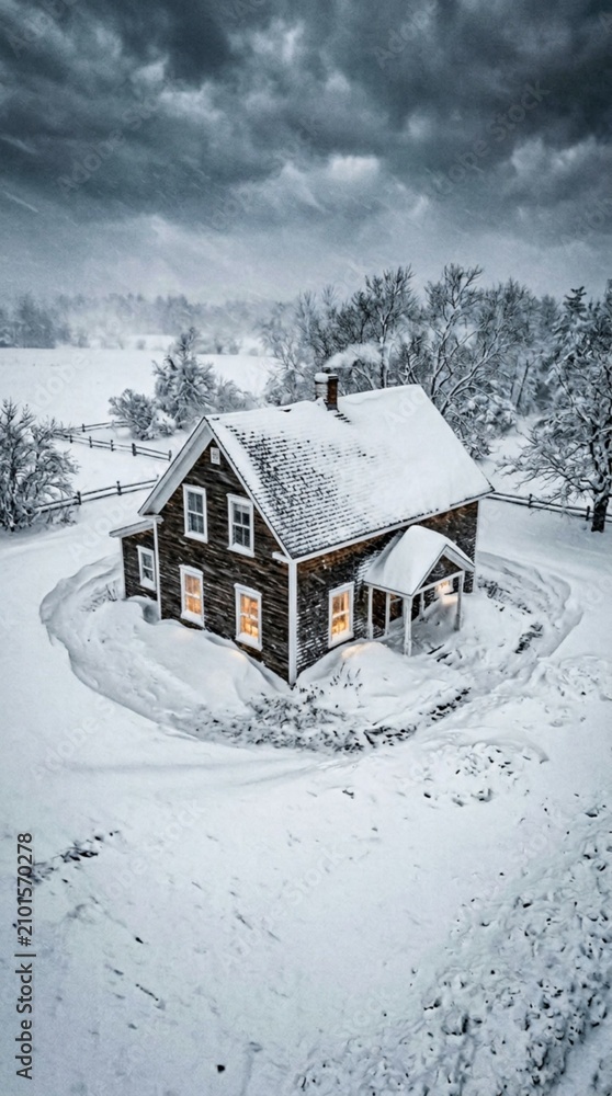 Fototapeta premium Atmospheric rustic wooden cabin isolated in deep snow during a heavy winter blizzard at twilight