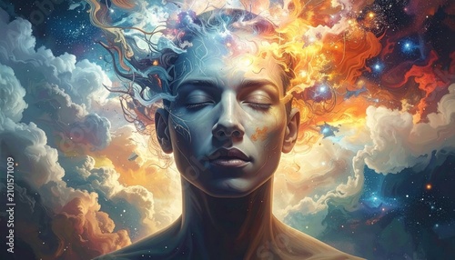 A serene face with closed eyes, emanating energy and color amidst a swirling cosmic backdrop