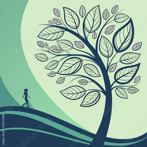 Canvas Print Illustration of a person walking towards a large tree with green leaves on a hil