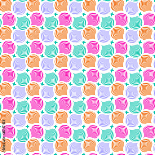 seamless pattern of multi-colored art deco scallop shells with radiating lines and teal stars, ideal for trendy surface design and creative apparel textiles.